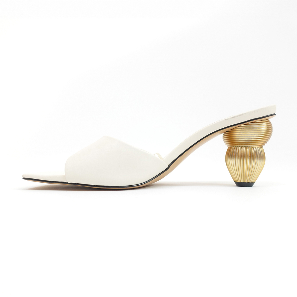 Zara White Slide Sandals with Gold Sculptural Ribbed Block Heel - EU 39/US 8 - Picture 7 of 12